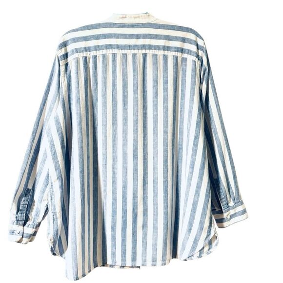 CHAPS Denim 2X linen cotton band collar blue & white stripe button front shirt - Picture 4 of 10